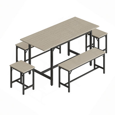 Expandable Dining Table Set for 4-8, 63" Large Extendable Kitchen Table with 2 Benches & 2 Stools, Modern Wood Top & Metal Frame, Space-Saving, Easy Assembly.