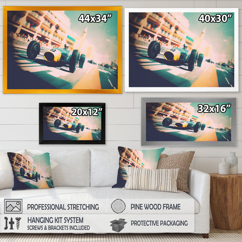 «Retro Race Car In Tropical Street Race III», reproduction sur toile, H 12 po x l 20 po x P 1 po, Toile avec cadre photo noir