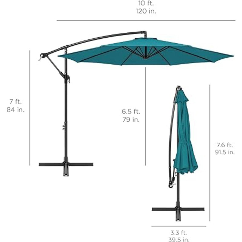 Parasol de marché suspendu 10 pi avec ajustement facile de l'inclinaison, abat-jour en polyester, 8 nervures pour la cour, la piscine, la pelouse et le jardin