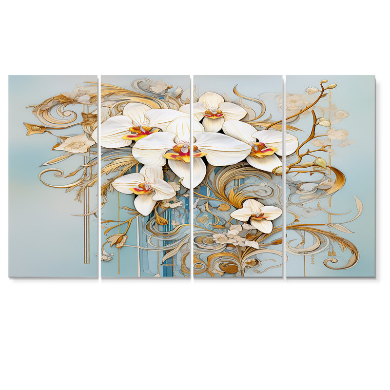 Orchidées blanches, art nouveau, feuilles d'or décoratives - art mural sur toile 4 pièces, H 32 po x l 64 po
