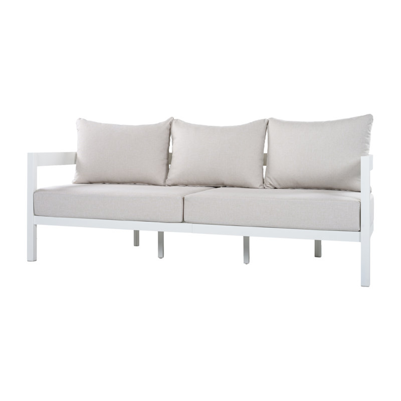 Contour 75.8" Modern Curved Outdoor Aluminum 3-Seater Sofa with Cushions, Beige Cushion/White Frame