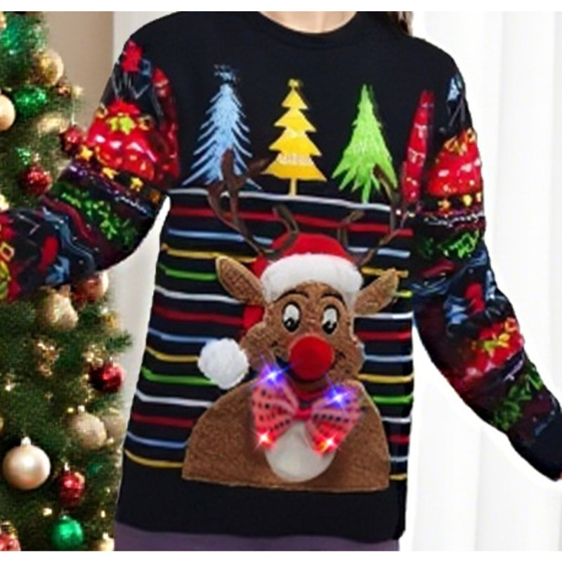 Fun Christmas Light Up Reindeer Stripes Jumper, Medium