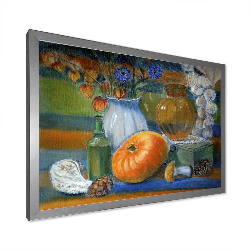 Nature morte avec citrouille et vase - reproduction sur toile avec cadre flottant, H 12 po x l 20 po x P 1 po