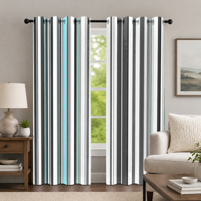2Pcs Vertical Striped Curtains, Minimalist Style Drapes, Modern Black White and Cyan Color Block Printed Grommet Curtains, Window Treatment for Bedroom Living Room Decor