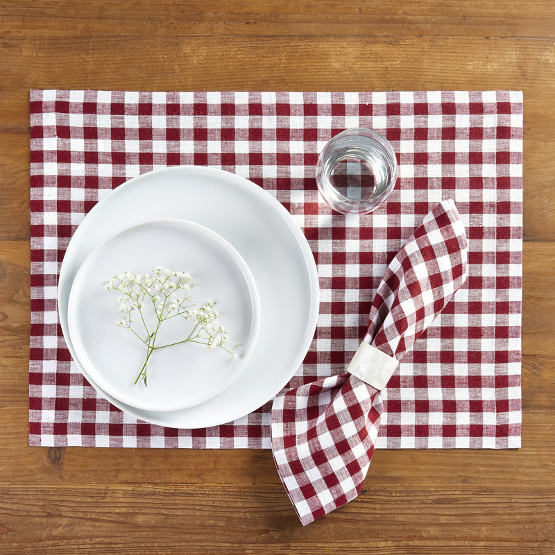 Gingham Checks - 100% Pure Linen Placemats, Burgundy