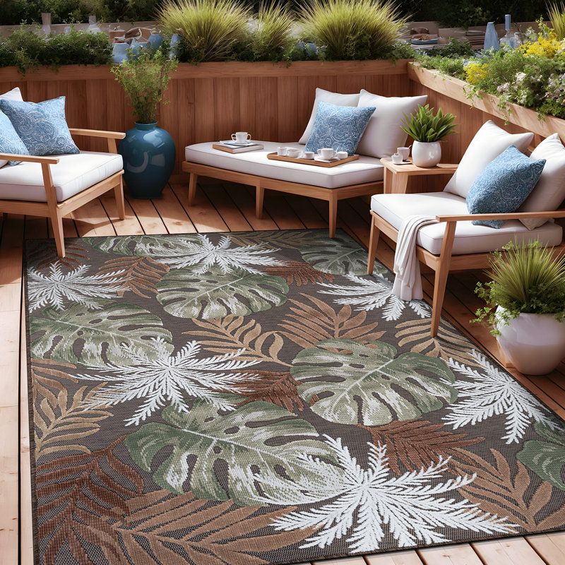 Tapis floral d'intérieur pour l'extérieur, Brown, Rectangle 9' x 12'