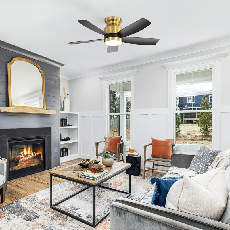 Rachel 42" 5-ABS Blade Modern Rustic Classic Flush Mount Ceiling Fan With Light, Remote, DC, Gold&Black