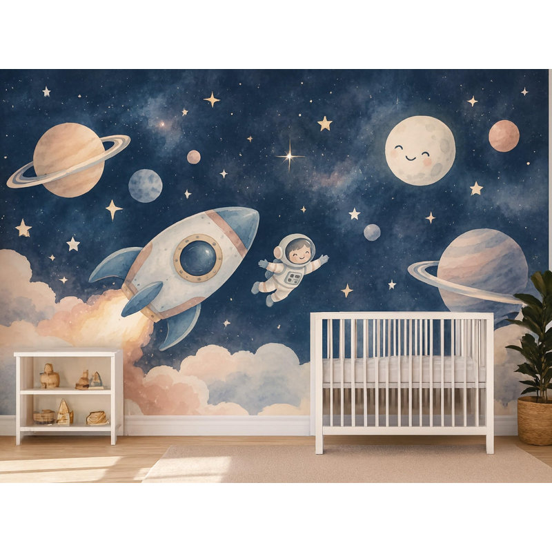 Space Rockets Wallpaper Mural, Peel and Stick Kids Room Wall Mural, Watercolor Nursery Wallpaper Made to Measure