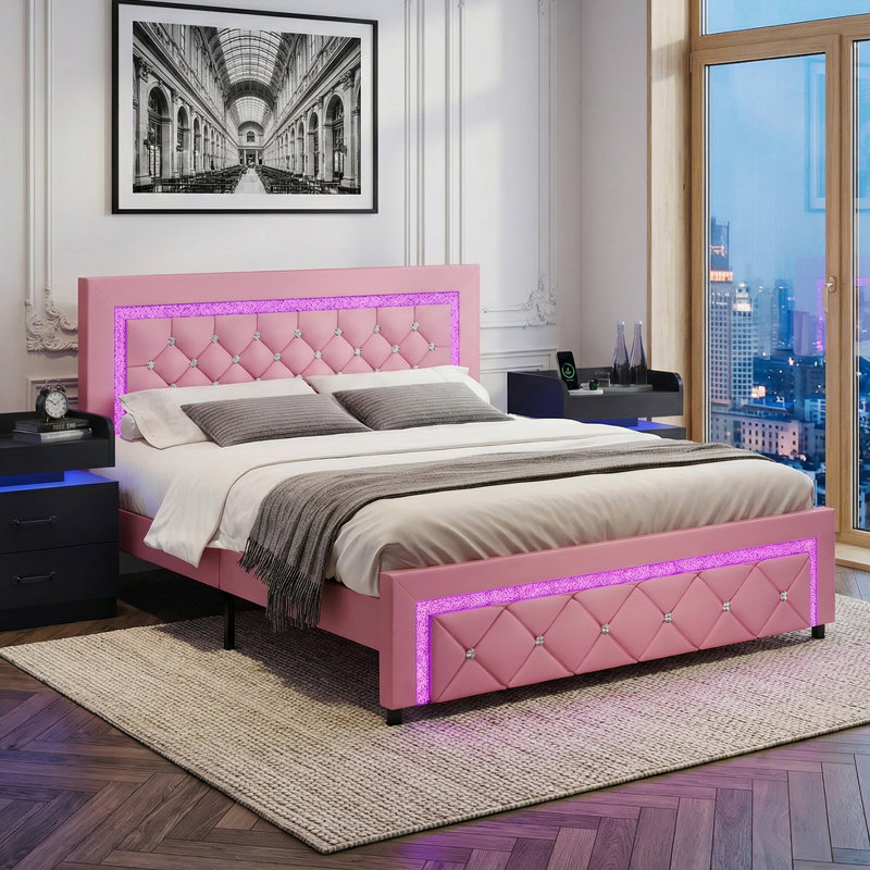 Structure de lit plateforme tapissier avec lumières DEL et ensemble de chambre à coucher avec tables de chevet à DEL assorties