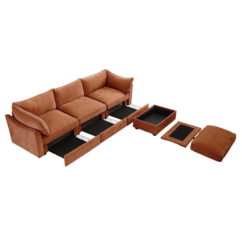 Canapé modulaire en L à 3 places avec repose-pieds mobile, accoudoirs en forme de croissant et coussins enveloppants, tissu chenille doux en orange
