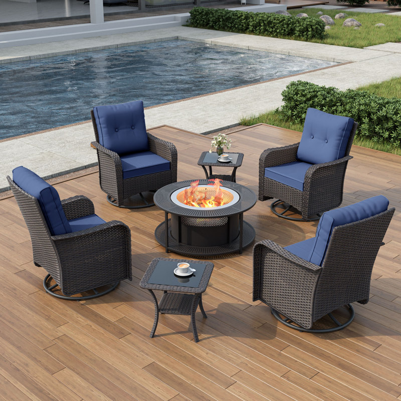 Ensemble de chaises berçantes pivotantes Elyes pour 4 personnes avec table basse et foyer d'extérieur sans fumée, Marine