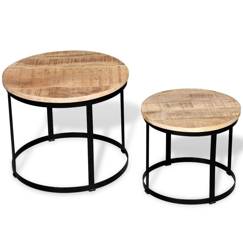 Coffee Table Set 2 Piece Round End Table Side Table Solid Wood Mango, Beige