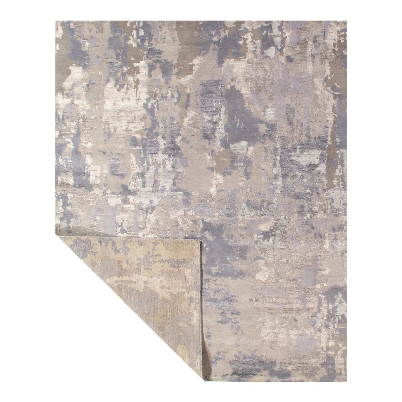 Tapis gris / argent noué à la main de conception unique 12 pi x 15 pi