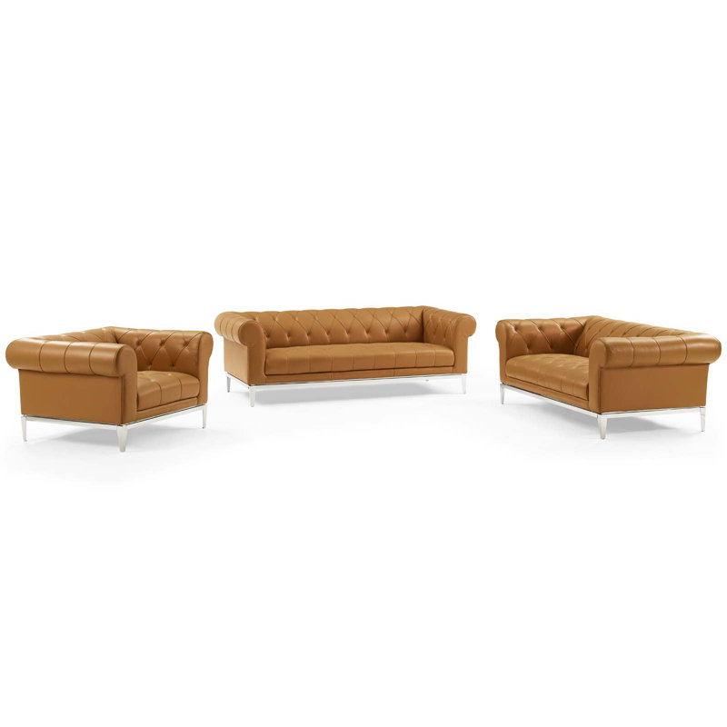 Idyll Tufted Upholstered Leather 3 Piece Set, Tan Leather Match