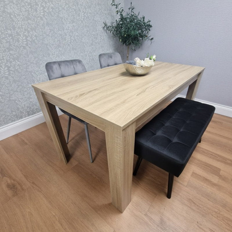Wooden Dining Set with 2 Velvet Chairs and Bench, 75cm H x 140cm L x 80cm W, Oak, Grey 