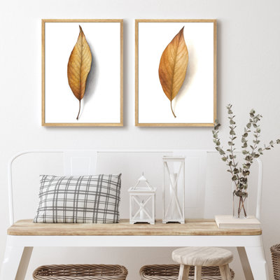 Golden Autumn Leaves Framed Print Wall Art Set - 2-Piece Realistic Botanical Prints in Warm Brown Tones, Seasonal Nature-Inspired Artwork for Living Room or Dining Area Decor