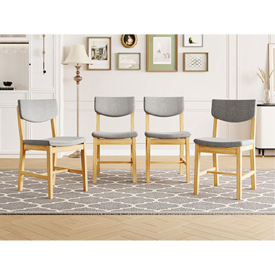 Chaise de salle à manger rustique 4 pièces - Structure en bois massif avec coussin en tissu gris, chaise d'appoint rembourrée pour la cuisine, la salle à manger, le salon, naturel