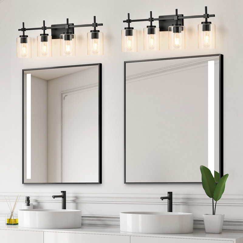 Aviara Dimmable Bathroom Vanity Light Modern Wall Sconce Clear Glass Shade, Satin Black, 4, Clear Glass