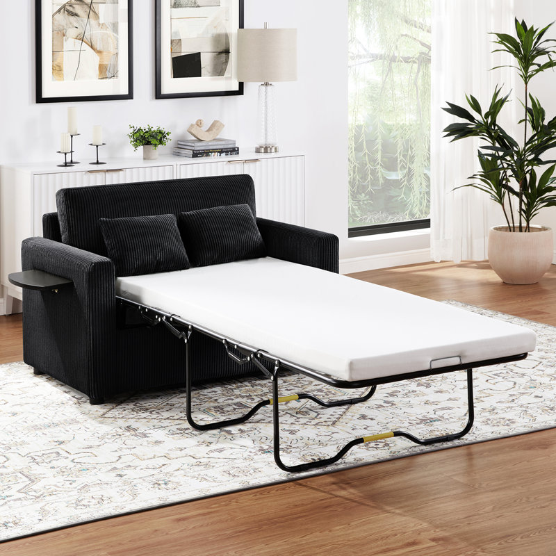 Canapé-lit simple de 47,2 po avec lit pliable, table sur les accoudoirs, hublots, pochette de rangement, coussins lombaires confortables, revêtement en velours côtelé doux pour les petits appartements, lit noir rabattable, côté