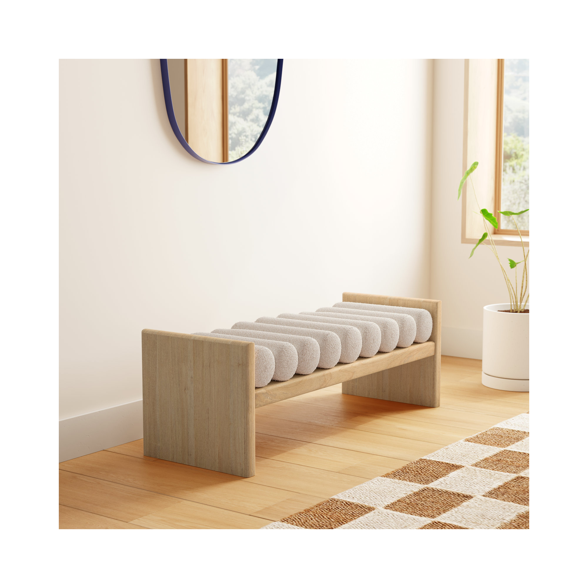 Reeves Boucle Wood Bench, 18" H x 52" W x 19" D, Cream Boucle Fabric / Natural Finish