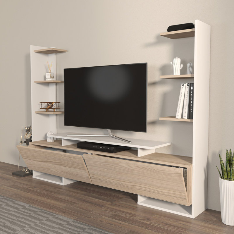 Modern TV Stand in White & Oak, 72.2 x 55.1 x 12.5 inches | 100% Melamine Coated Particle Board, Thickness: 0.7 inches | Scandinavian Design, Stylish & Functional Storage Solution for Living Room & Entertainment Areas