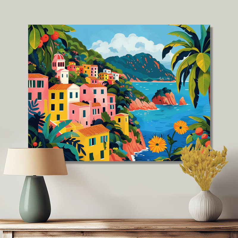 Décoration murale rose, vert, riviera italienne, Italie, Toile tendue, H 16 po x l 32 po