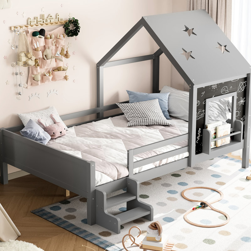 Lit plateforme gris gris avec escalier bas, fenêtre, bibliothèque, tableau noir et toit en étoile, fonctionnalité durable, pas de sommier en bois massif facile à assembler,