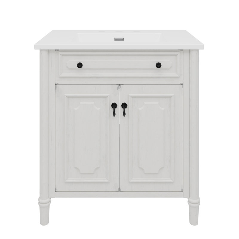 Meuble-lavabo de salle de bain rétro 31 po avec lavabo, armoire de salle de bain rustique avec portes à fermeture en douceur et tablette réglable, conception à profil courbé, pieds en bois d'hévéa, blanc