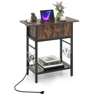 End Table with Charging Station, Flip Top Sofa Side Table with USB Ports,Outlets&Shelf Rustic Brown & Black