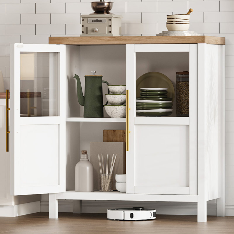 Buffet Buffet avec 2 portes et tablettes en verre, armoire de rangement moderne pour cuisine, salle à manger, salon, couloir, blanc