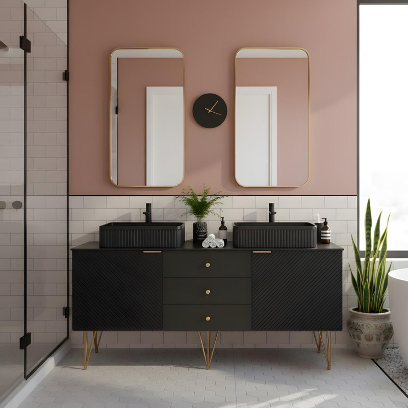 Meuble-lavabo de 60 po avec lavabo rectangulaire en céramique noire et comptoir en pierre frittée noire
