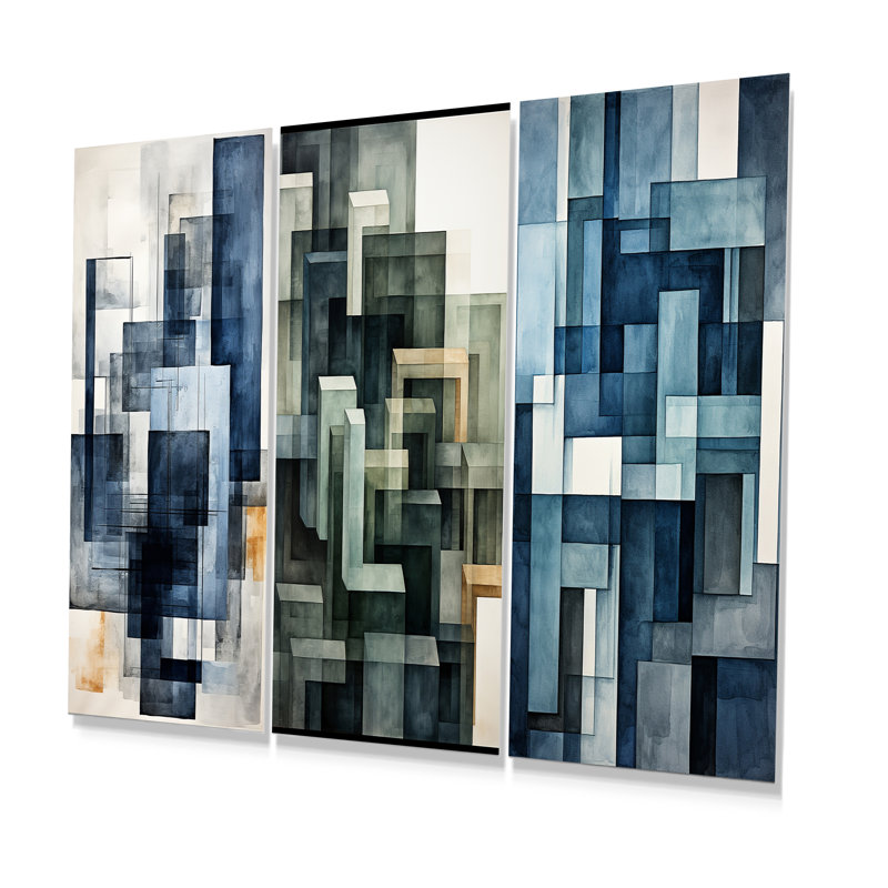 Indigo Illusion Abstract Shapes - Abstract Shapes Metal Wall Decor Set Of 3, 28" H x 36" W