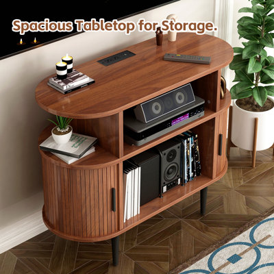 Large Round Record Player Stand with Charging Station & USB Ports, Record Storage Cabinet, Mid Century Modern Turntable Stand for Bedroom Living Room