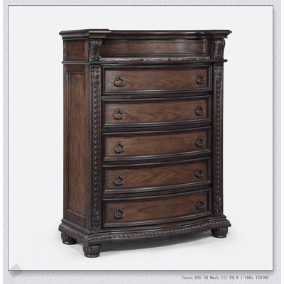 Commode haute à cinq tiroirs à plateau en marbre 1pc avec moulures complexes, silhouette magnifiquement courbée, finition cerisier foncé, mobilier de chambre en bois massif