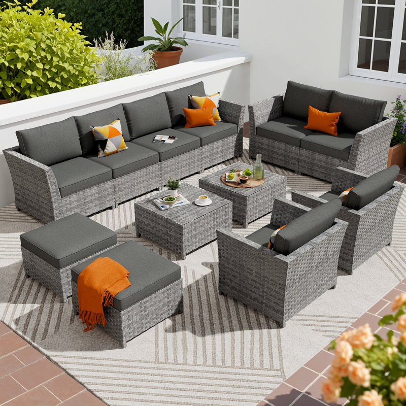 12- Piece No - Assembly Wicker Outdoor Patio Furniture Set with ottoman.include Cushions and table, Black