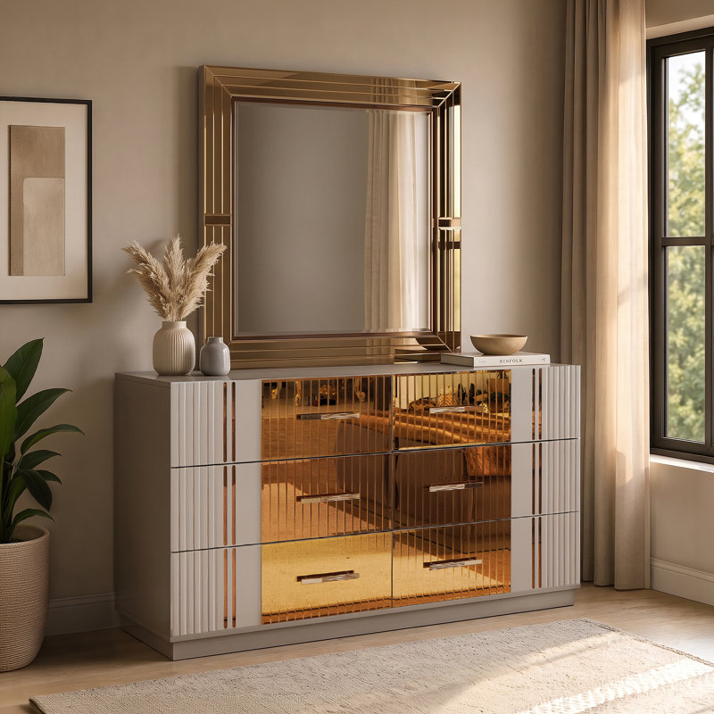 Ensemble de chambre à coucher Frum Signature à Riversand avec accent doré, 6 Pcs: Bed, 2 Nightstand, Dresser, Chest, Mirror