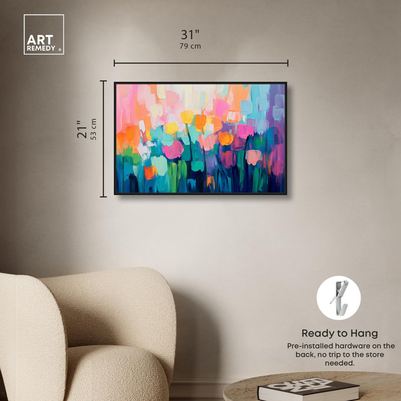 Art, art floral, fleurs abstraites, II, H 21 po x l 31 po, Cadre flottant noir