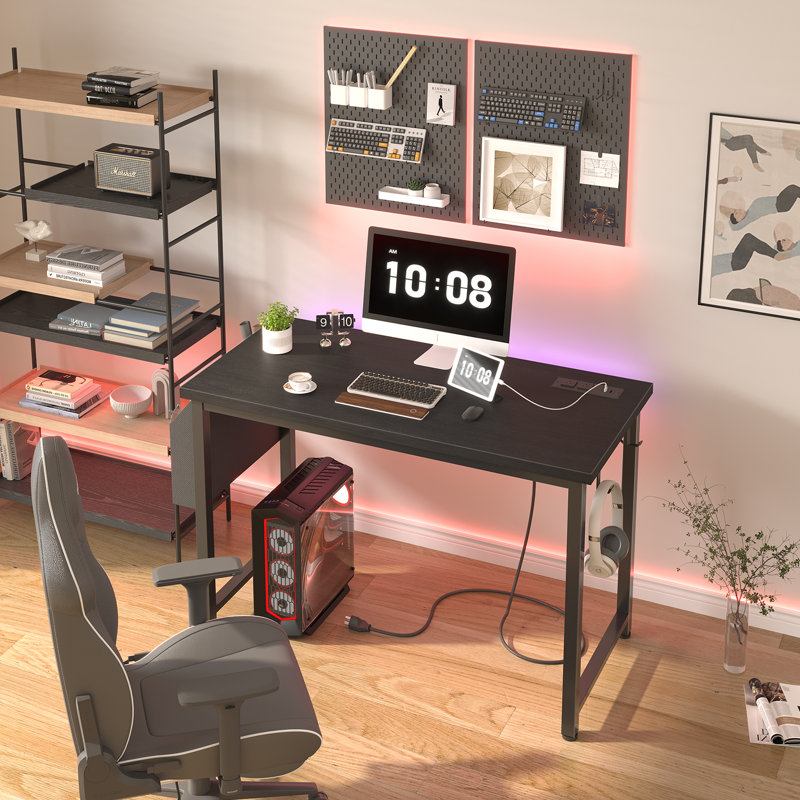 Bureau d'écriture rectangulaire avec prises de courant, Noir, noir, noir, noir, H 29,52 po x l 39 po x P 18,9 po