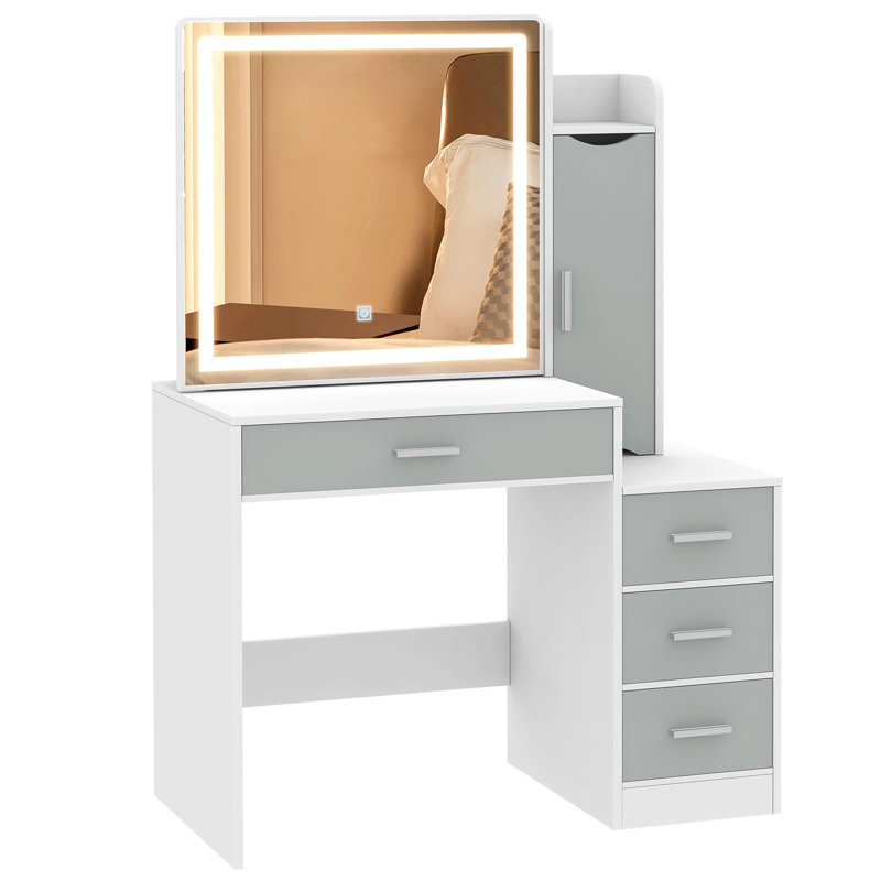 Bureau de coiffeuse Diashekia avec miroir coulissant éclairé à DEL, 4 tiroirs, 3 modes d'éclairage, Blanc / gris