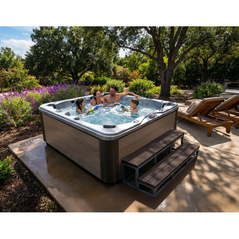 American Spas 6-Person 100-Jet Premium Lounger Spa Standard Hot Tub With Sound System And LED Waterfall, Silver Oak