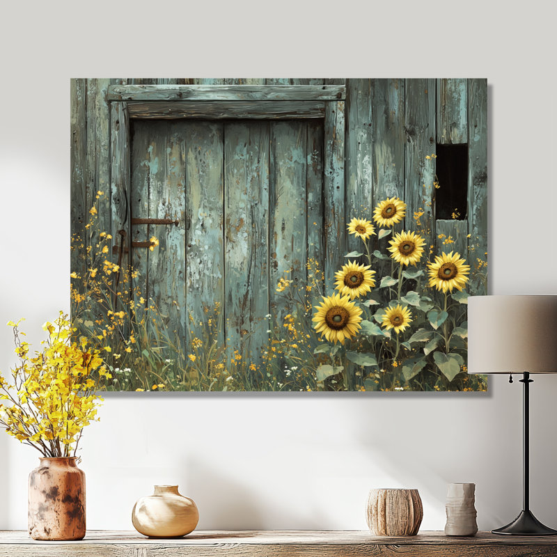 «Dumaka Sunflowers By The Barn Door II» - Art mural tournesols, Ne pas appliquer, Toile tendue, H 16 po x l 32 po