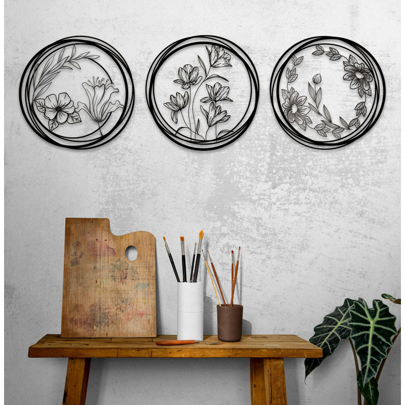 Flowers Metal Wall Art Décor, Floral Wall Set for Housewarming Gift, New Home & Office Decoration, Matte Black