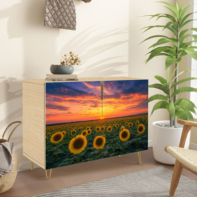 Buffet étroit de 35,4 po de largeur - armoire de rangement d'appoint à 2 portes avec motif de tournesols dorés et pieds en métal