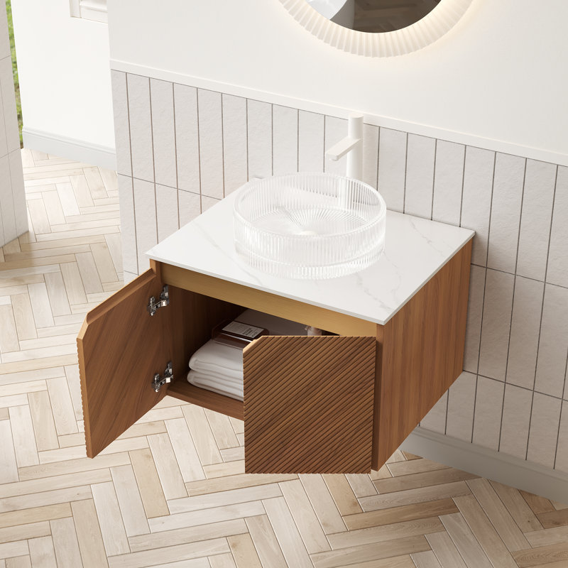 Veinora 24" Modern Vanity With Crystal Glass Basin And Solid Wood Doors, 24", Transparent Glass, Brown Oak