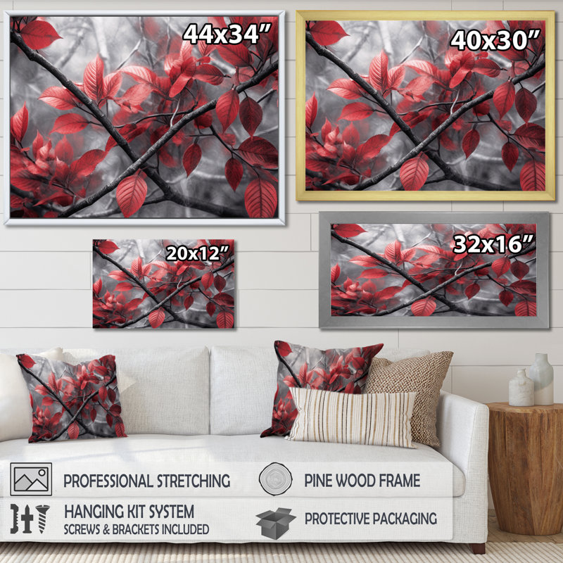 «Red Grey Leaves On Tree III», reproduction sur toile, H 30 po x l 40 po x P 1,5 po, Cadre photo noir