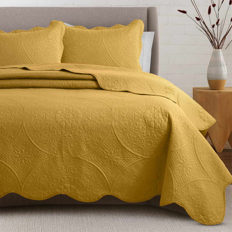 Floral Embossed Quilted Bedspread Set, Oversized and Lightweight Bedding Set with Pillow Shams, Ochre