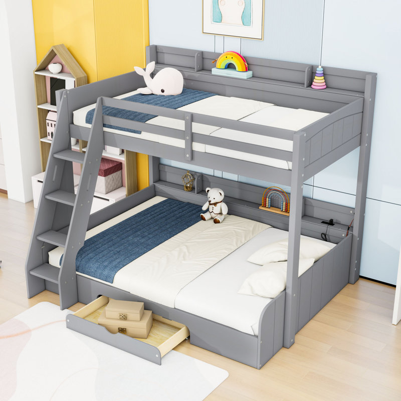 Twin Over Full Bunk Bed With Shelves, LED And Drawer, Gray