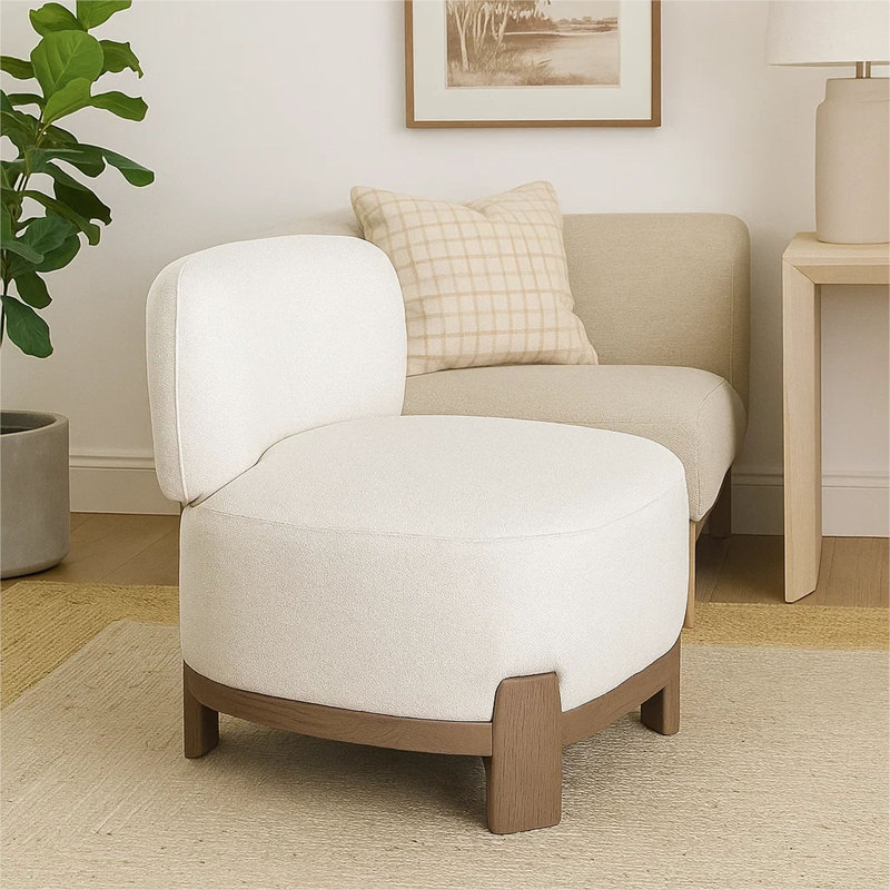 Fauteuil d'appoint sans accoudoirs Dove en tissu de polyester crème avec bordure en bois