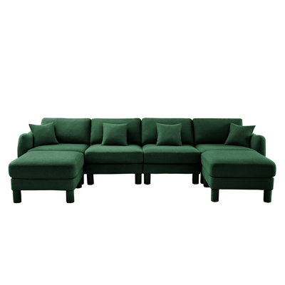 Boucle Fabric U Shape Sectional 4-Seater Sofa Couch With Distinctive Shell-Shaped Armrests And 2 Movable Ottomans,Cylindrical Legs Wrapped With Self-Fabric,Green Color