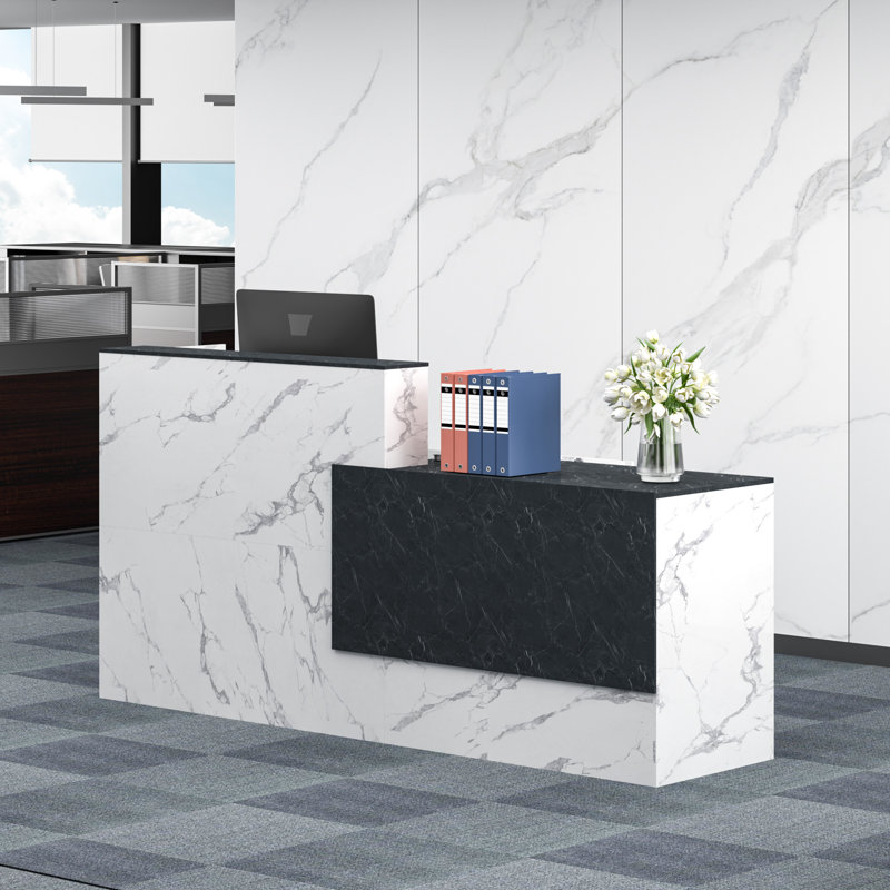Bureau de réception en marbre avec plateau pour clavier d'ordinateur, tiroir verrouillable, trou de gestion des câbles et rangement pour bureau, restaurant, hôtel, commerce de détail.